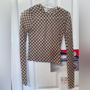 Brown and Cream Checkered Mesh Top